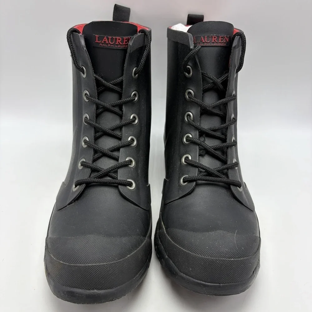 Ralph Lauren Rain Boots Womens 9 Mikenna Bo Rai Black Rubber Lace Up Ankle Read